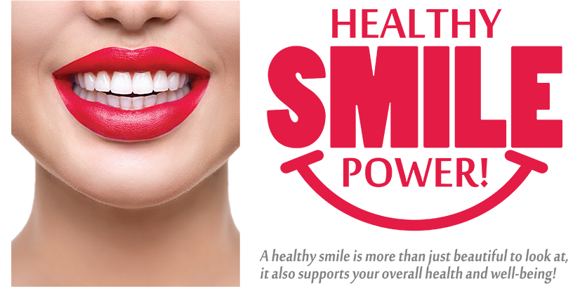 The image features a close-up of a person s face with red lipstick, promoting  Healthy Smile Power  through a logo that reads  Smile Smile.